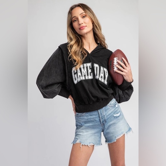 NWT Eesome Game Day Sport Athletic Balloon Sleeve Washed Black Hoodie Sweatshirt - Picture 1 of 10